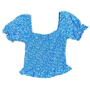 Cute blue gingham smock cottagecore blue square neck off the shoulder crop top